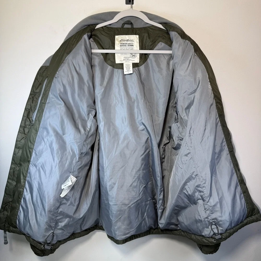 Eddie Bauer Puffer Jacket Mens Large Olive Green Goose Down‎ Ripstop Zip Hiking